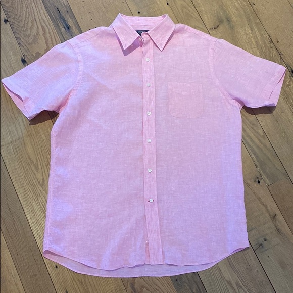 Cremieux Collection Short Sleeve Pink Linen Button Down Shirt Sz LARGE - Picture 1 of 8